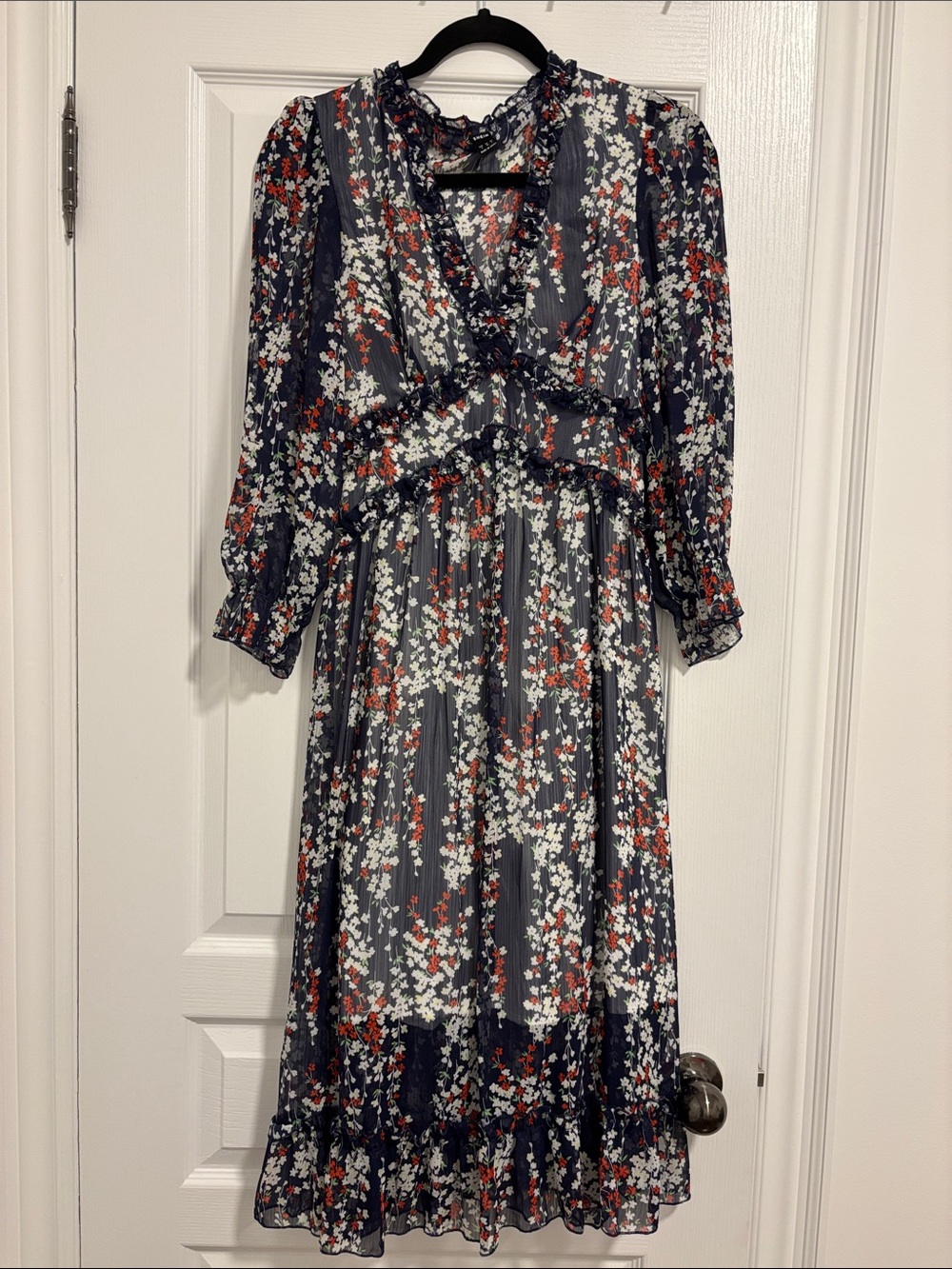 SHEIN Navy Midi Dress with Red & White Floral Print